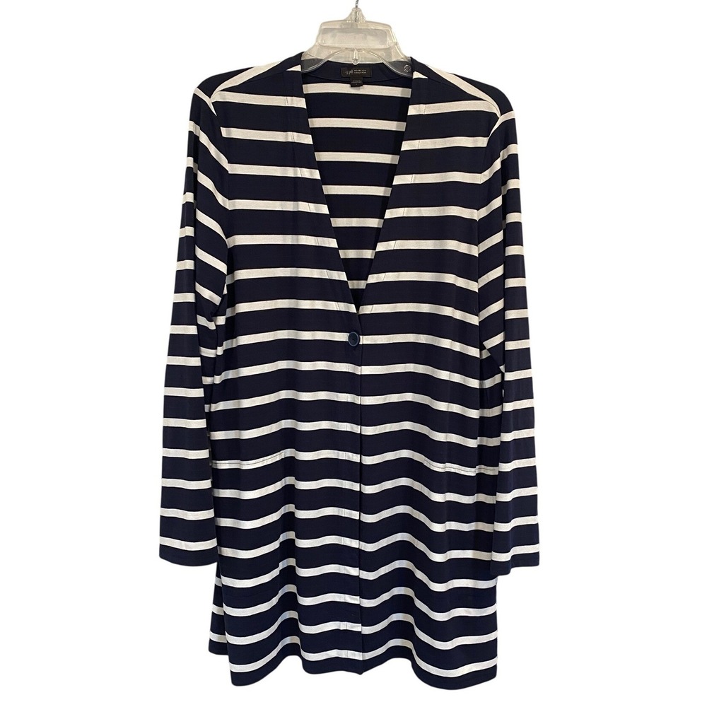 J. Jill Wearever Womens Large Navy Blue White Striped Longline Button Cardigan